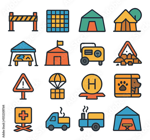 Search and rescue emergency zones icons in modern flat vector in minimalistic vibrant color design: disaster area perimeter tape, search zone grid, triage tent icon, safety staging area, field