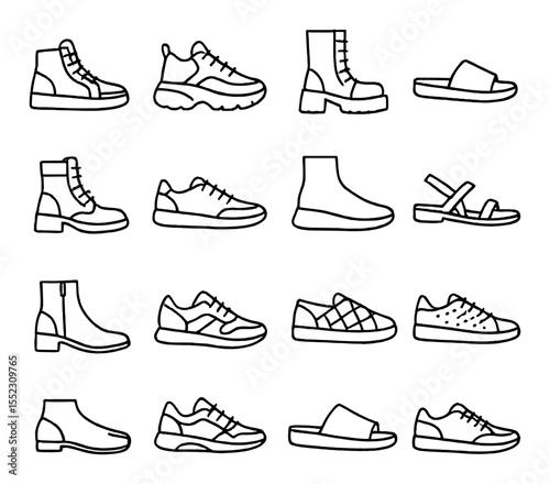 Sneaker and footwear haul icons in minimalistic line art : high-top sneakers, chunky sole shoes, platform boots, slide sandals, lace-up combat boots, low-top trainers, sock sneakers, strappy