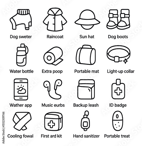 Daily walk accessories icons in minimalistic line art : dog sweater for cold days, raincoat for dog, sun hat for walker, dog boots for hot pavement, water bottle holster, extra poop bag roll,