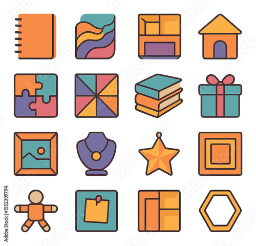 Upcycled cardboard projects icons in modern flat vector in minimalistic vibrant color design: cereal box notebook cover, layered cardboard sculpture, drawer organizer tray, cardboard playhouse