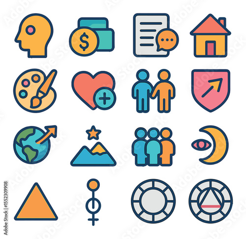 Astrological houses layout icons in modern flat vector in minimalistic vibrant color design: 1st house of self, 2nd house of possessions, 3rd house of communication, 4th house of home, 5th