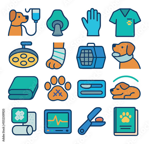 Surgery and treatment icons in modern flat vector in minimalistic vibrant color design: dog with IV drip, anesthesia mask, surgical glove hand, vet scrubs with paw patch, operating light, paw