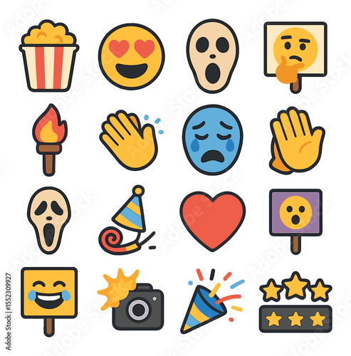 Emotion-themed props icons in modern flat vector in minimalistic vibrant color design: popcorn bucket, heart eyes emoji, shocked emoji mask, thinking emoji board, fire emoji torch, clapping