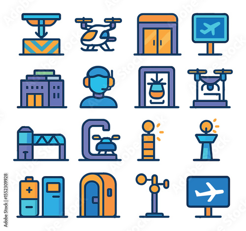 Vertiport infrastructure icons in modern flat vector in minimalistic vibrant color design: vertical lift platform, autonomous air taxi, vertiport entry lobby, landing traffic screen, rooftop