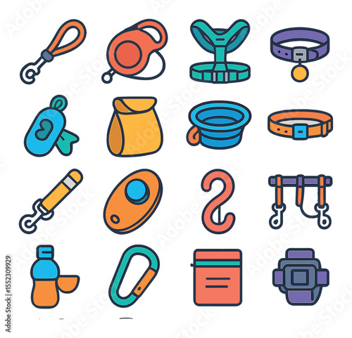 Dog walking gear icons in modern flat vector in minimalistic vibrant color design: standard leash, retractable leash, harness with chest pad, collar with name tag, poop bag dispenser, treat