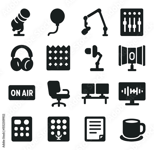 Podcast studio setup icons in silhouette solid black-filled shapes with clean, simple : dynamic microphone, pop filter screen, boom arm stand, audio mixer panel, over-ear headphones, soundproof