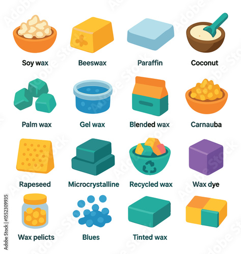 Types of wax icons in modern flat vector in minimalistic vibrant color design: soy wax flakes, beeswax block, paraffin wax slab, coconut wax scoop, palm wax chunks, gel wax tub, blended wax bag