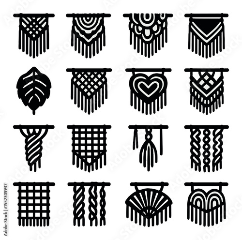 Macramé wall art patterns icons in silhouette solid black-filled shapes with clean, simple : diamond knot layout, chevron fringe pattern, cascading loops design, triangle focal weave, leaf knot