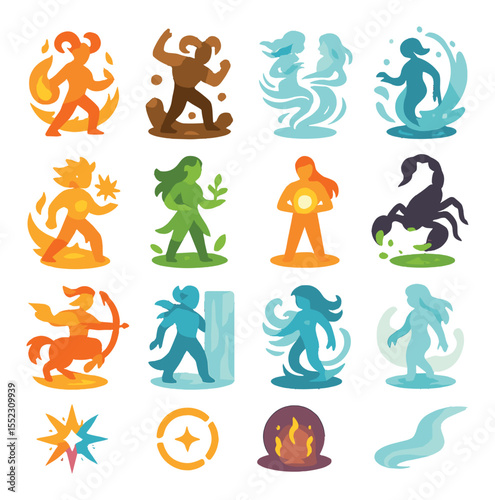 Zodiac characters as elemental avatars icons in modern flat vector in minimalistic vibrant color design: Aries flame bender, Taurus earth shaker, Gemini wind twins, Cancer tide caller, Leo sun
