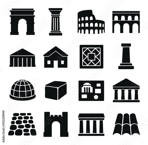 Ancient Roman architecture icons in silhouette solid black-filled shapes with clean, simple : triumphal arch, Roman column, amphitheater, aqueduct bridge, basilica roof, Roman villa, mosaic