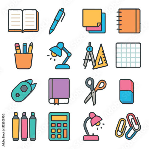 Study desk essentials icons in modern flat vector in minimalistic vibrant color design: open notebook, ballpoint pen, sticky notes stack, spiral binder, pencil holder cup, desk lamp, ruler and