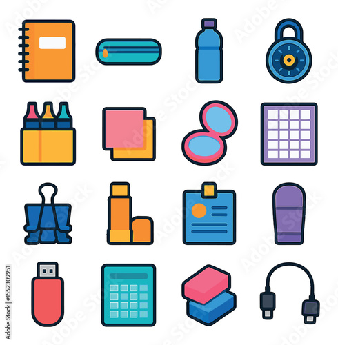 School locker essentials icons in modern flat vector in minimalistic vibrant color design: spiral notebook, pencil case, water bottle, combination lock, highlighter pack, sticky notes, pocket