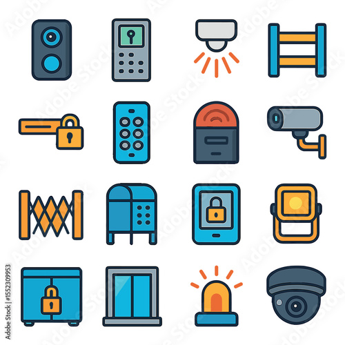 Security and access icons in modern flat vector in minimalistic vibrant color design: compact video doorbell, smart lock panel, motion sensor light, mini gate, sliding exterior lock, exterior