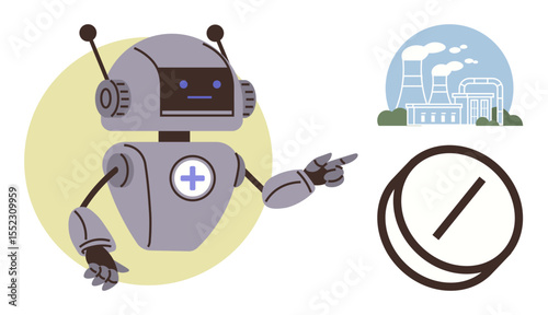 Robot pointing toward a factory with smoking chimneys, pill capsule, and cross sign. Ideal for healthcare, technology, automation, energy, sustainability, artificial intelligence futuristic
