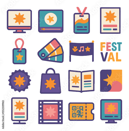 Festival branding and visuals icons in modern flat vector in minimalistic vibrant color design: festival logo reveal screen, animated intro clip, custom event badge, thematic poster board,