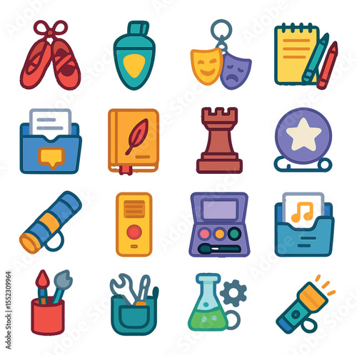 After-school activities locker icons in modern flat vector in minimalistic vibrant color design: dance shoes, guitar pick pouch, drama mask keychain, sketchpad and pencils, debate notes folder,