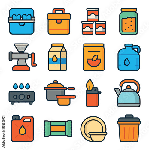 Food safety and prep without power icons in modern flat vector in minimalistic vibrant color design: cooler with ice packs, insulated food bag, canned soup stack, dry food container, manual