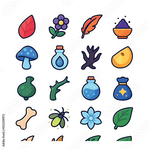 Potion ingredients collection icons in modern flat vector in minimalistic vibrant color design: dragon scale shard, moonlit flower, phoenix feather, powdered crystal, glowing mushroom, mermaid