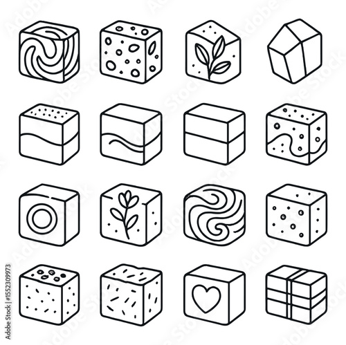 Finished artisan soap designs icons in minimalistic line art : marbled swirl soap, confetti soap bar, botanical soap slice, gemstone look soap, glitter top soap, gradient ombré bar, dual-color