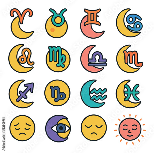 Astrological moon phases icons in modern flat vector in minimalistic vibrant color design: moon in Aries, moon in Taurus, moon in Gemini, moon in Cancer, moon in Leo, moon in Virgo, moon in