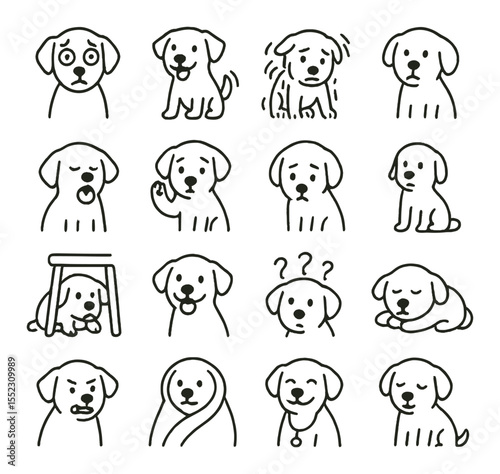 Canine emotions at the vet icons in minimalistic line art : anxious dog with wide eyes, happy tail-wagging dog, shaking scared pup, curious head tilt, relaxed yawning dog, paw up in nervous