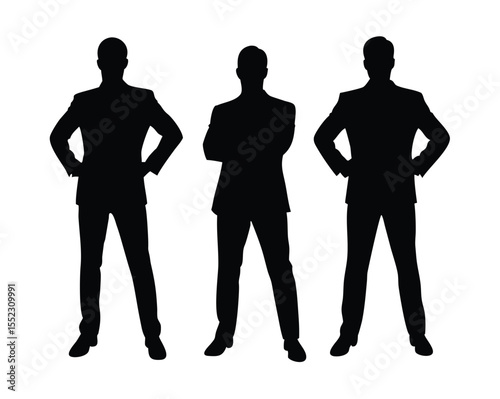 vector silhouette of a businessman standing straight with arms relaxed at his sides, in black, isolated on a white background