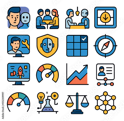 Future workplace dynamics icons in modern flat vector in minimalistic vibrant color design: AI colleague avatar, hybrid team table, human-robot brainstorming scene, digital culture hub,