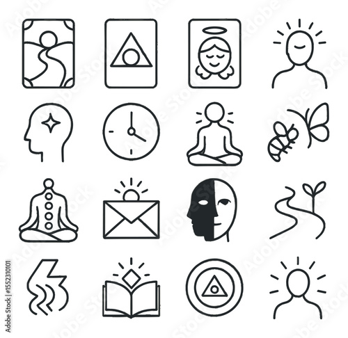 Spiritual growth spread icons in minimalistic line art : soul path card, karmic lesson card, spirit guide message card, inner voice card, past life influence card, divine timing card, higher