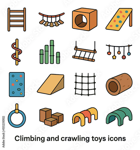 Climbing and crawling toys icons in modern flat vector in minimalistic vibrant color design: wooden climbing ladder, rope bridge, cube tunnel, ramp with grip, spiral climbing pole, bamboo steps