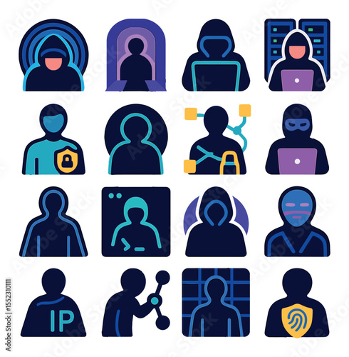 Underground net user imagery icons in modern flat vector in minimalistic vibrant color design: figure in hidden network tunnel, avatar entering darknet, faceless hacker at console, cloaked user