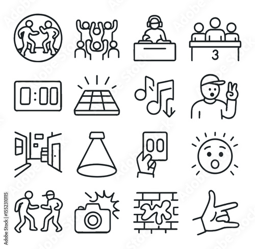 Street battle scenes icons in minimalistic line art : dance-off circle, cheering crowd, DJ booth setup, street judge panel, battle timer, glowing dance floor, beat drop icon, hype crew member,