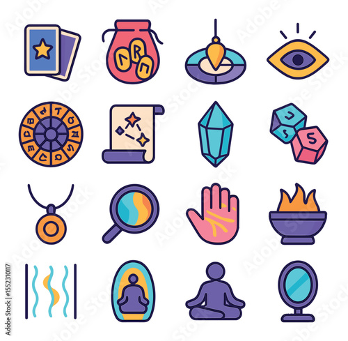 Psychic reader tools icons in modern flat vector in minimalistic vibrant color design: deck of tarot cards, runes in pouch, pendulum over chart, third eye icon, zodiac wheel, star chart scroll,