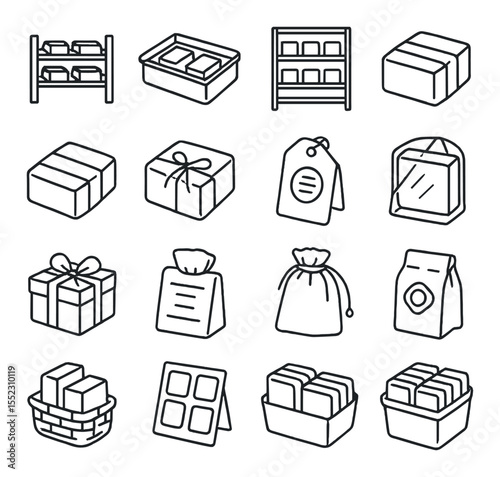 Soap curing and packaging icons in minimalistic line art : wooden curing rack, parchment-lined tray, drying room shelf, labeled soap wrap, kraft paper band, twine bow wrap, stamped kraft tag,