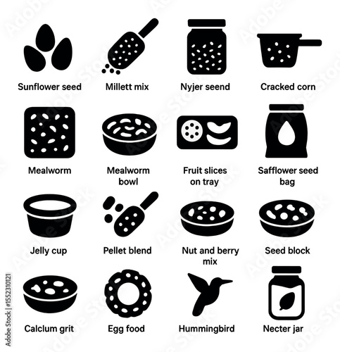 Bird food types icons in silhouette solid black-filled shapes with clean, simple : black oil sunflower seeds, millet mix scoop, nyjer seed container, cracked corn cup, suet cake with seeds,