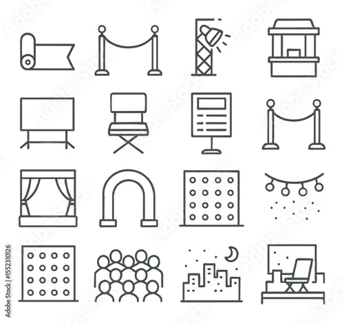 Festival venue and atmosphere icons in minimalistic line art : red carpet roll, velvet rope barrier, spotlight tower, ticket booth, outdoor film screen, folding cinema chair, event schedule