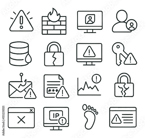 Breach indicators and alerts icons in minimalistic line art : flashing warning triangle, breached firewall wall, red access denied screen, login anomaly icon, database leak symbol, padlock with