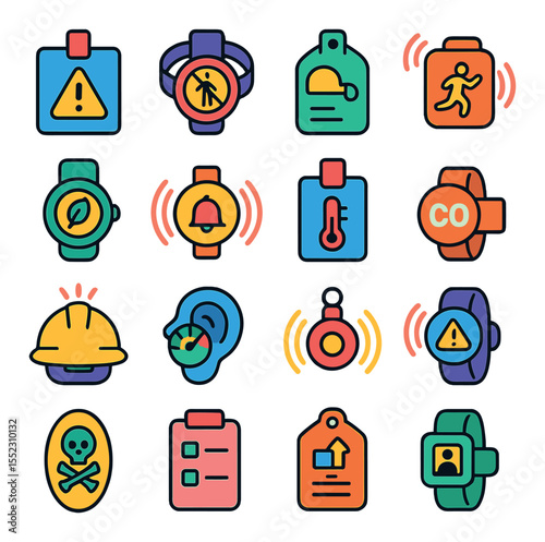 Safety and compliance wearables icons in modern flat vector in minimalistic vibrant color design: hazard detection badge, motion-limited zone bracelet, PPE status tracker tag, fall alert sensor