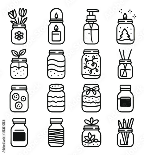 Upcycled glass jar crafts icons in minimalistic line art : painted mason jar vase, hanging lantern jar, soap dispenser jar, glitter tea light holder, herb planter jar, layered sand art jar,