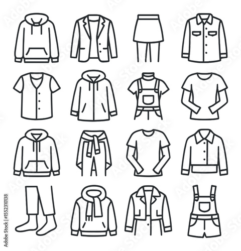 Layered look styling icons in minimalistic line art : tank under hoodie, tee under blazer, skirt over leggings, long shirt under jacket, vest over tee, hoodie under trench, turtleneck under