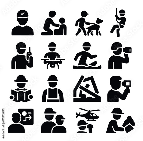 Search and rescue personnel roles icons in silhouette solid black-filled shapes with clean, simple : team leader icon, medic on scene, search dog handler, rope rescue tech, radio operator,