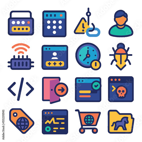 Hacker methods and tools icons in modern flat vector in minimalistic vibrant color design: keylogger device, brute force attack panel, phishing link alert, man-in-the-middle icon, remote