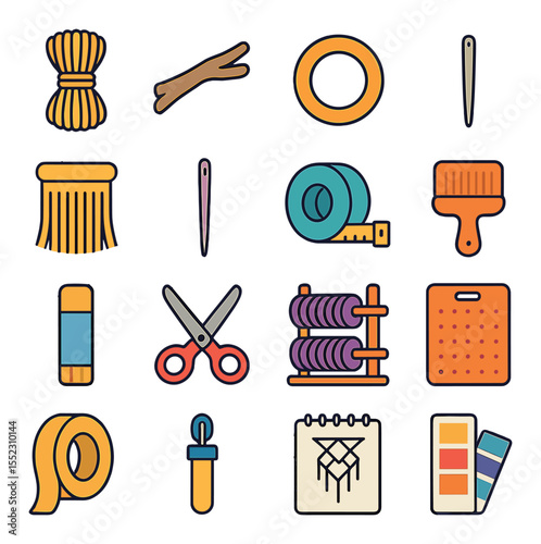 Macramé materials and tools icons in modern flat vector in minimalistic vibrant color design: cotton cord bundle, driftwood stick, wooden ring, metal dowel rod, yarn fringe roll, beading needle
