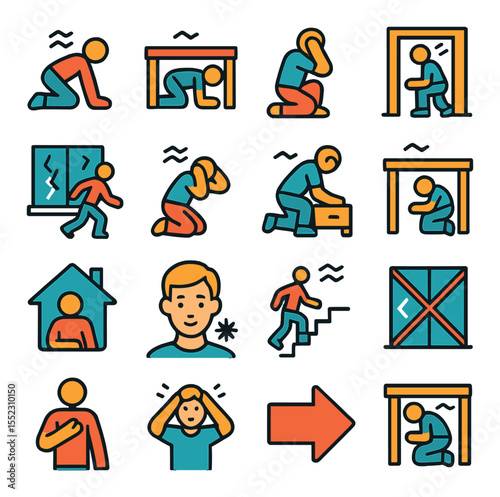 Earthquake safety actions icons in modern flat vector in minimalistic vibrant color design: drop cover hold icon, under table shelter, protect head gesture, doorway brace position, stay away