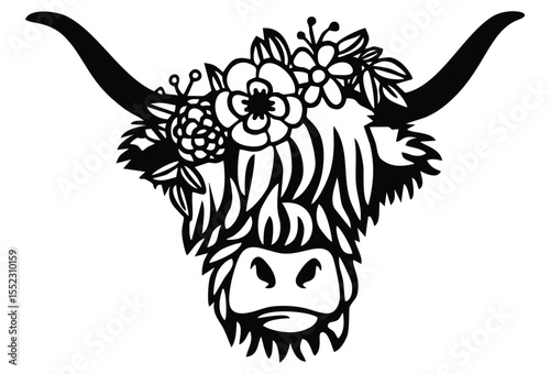 Highland Cow Floral Crown: A stylish Highland cow head silhouette adorned with a vibrant floral crown, perfect for adding a touch of rustic charm and bohemian aesthetics.