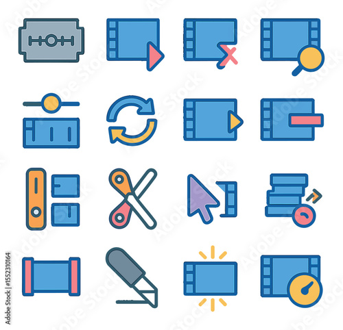 Cutting and trimming tools icons in modern flat vector in minimalistic vibrant color design: razor cut blade, trim in icon, trim out icon, ripple delete button, slip edit symbol, rolling edit