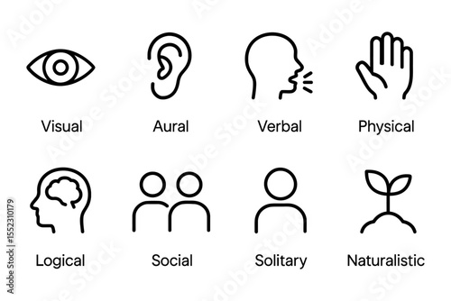 Multiple intelligences icons set covering visual, aural, verbal, and more, vector illustration