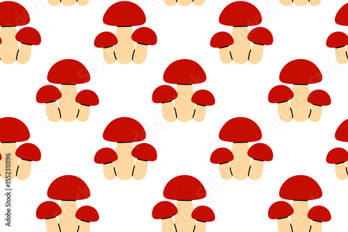 Repeating pattern featuring red mushrooms with pale stems, ideal for autumn themes, kids design, and kitchen textiles