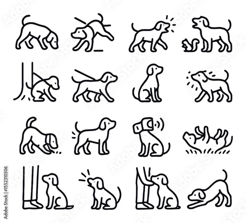 Dog behavior on walks icons in minimalistic line art : dog sniffing the ground, dog stopping suddenly, dog chasing squirrel, dog barking excitedly, dog pulling forward, dog walking calmly, dog