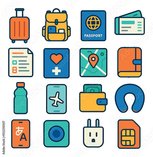 Travel essentials icons in modern flat vector in minimalistic vibrant color design: rolling suitcase, backpack with tech, international passport, boarding pass, travel itinerary sheet, travel