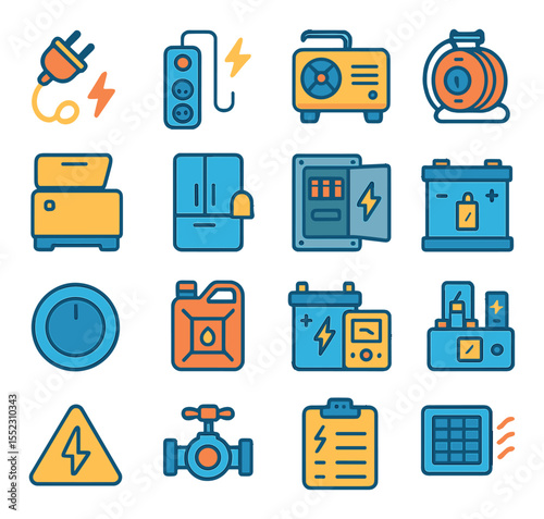 Home power management during outage icons in modern flat vector in minimalistic vibrant color design: unplugged appliance symbol, surge protector icon, backup generator unit, extension cord